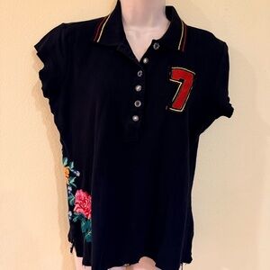 Johnny Was Black Short Sleeve Tee with Embroidered Floral Design